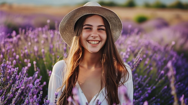 Jovem bela mulher sorridente de pé em um campo de lavanda vestindo um chapéu