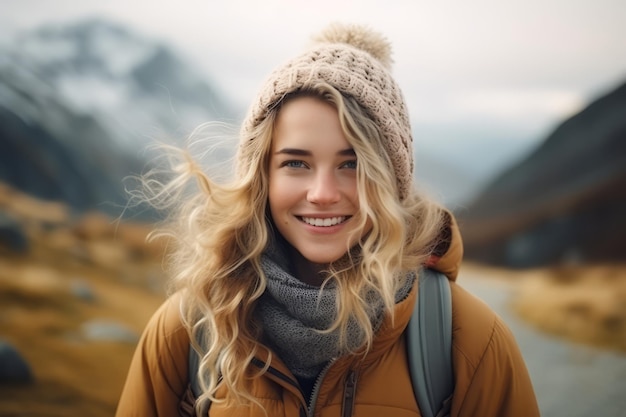 Jovem bela viajante loira sorridente mulher com cabelo encaracolado nas montanhas olha para a câmera