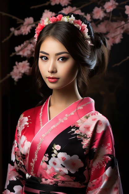 jovem beleza asiática estilo japonês florido yakata