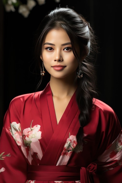 jovem beleza asiática estilo japonês quimono florido