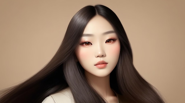 Jovem beleza asiática modela cabelos longos com estilo de maquiagem coreano no rosto e pele perfeita