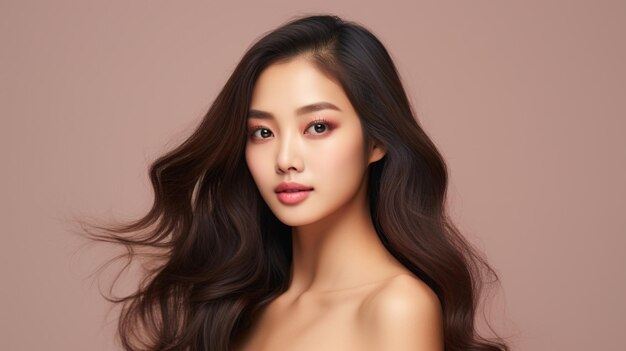 jovem beleza asiática modelo cabelo comprido com rosto estilo maquiagem coreana fundo de pele perfeita