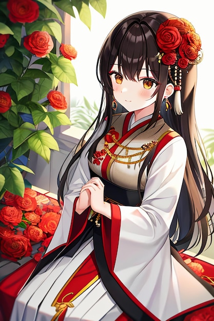Jovem beleza de desenho animado vestindo linda fantasia clássica de saia cheongsam com decoração de flores