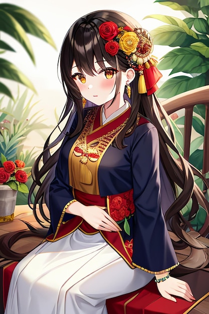 Jovem beleza de desenho animado vestindo linda fantasia clássica de saia cheongsam com decoração de flores