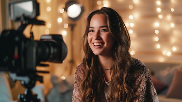 Jovem blogueira sorridente gravando um vídeo para seu blog Jovem mulher atraente em roupas casuais