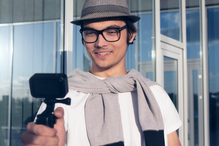 Foto jovem blogueiro com um chapéu e óculos, filma um vídeo vlog em uma câmera de ação.