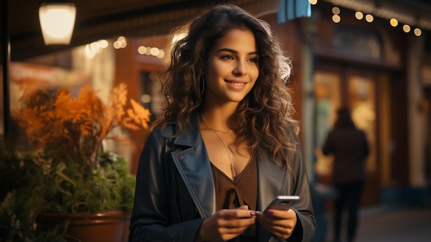 jovem bonita com cabelos castanhos rizados em roupas elegantes e jeans usando um smartphone em uma cidade