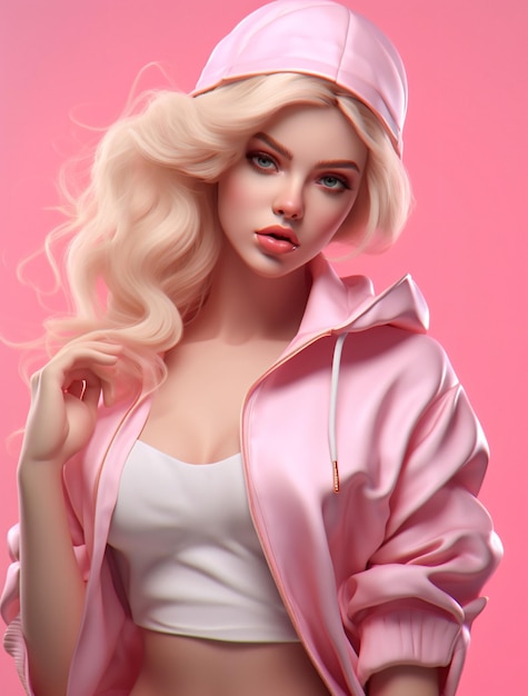 Jovem bonita loira boneca da vida real vestindo bombista rosa e um boné com a letra B