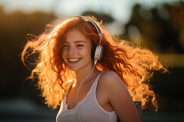 Jovem bonita ruiva ao ar livre ouvindo música com fones de ouvido