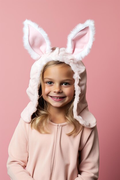 Jovem bonita vestida como um coelho para o Halloween em uma bandeira rosa com espaço para cópia
