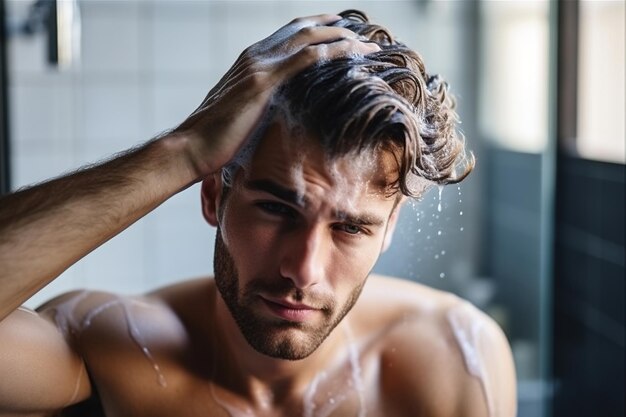 Jovem bonito a aplicar shampoo no cabelo a preparar-se para uma lavagem