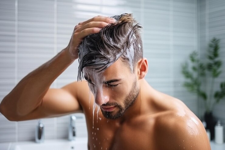 Foto jovem bonito a aplicar shampoo no cabelo a preparar-se para uma lavagem