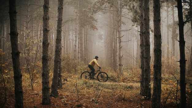 Jovem bonito andando de bicicleta pela floresta de outono