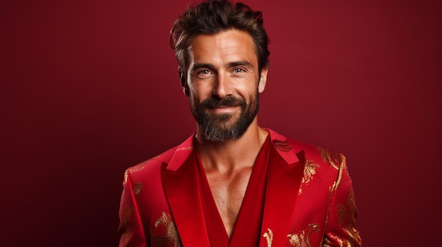 Jovem bonito com barba em roupas casuais em fundo vermelho com sorriso feliz e frio