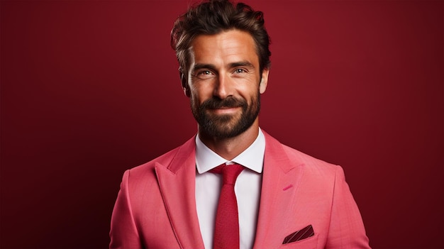 Jovem bonito com barba em roupas casuais em fundo vermelho com sorriso feliz e frio