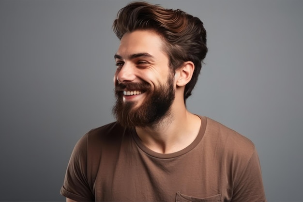 Jovem bonito com barba vestindo camiseta casual em pé sobre fundo branco olhando para o lado com sorriso no rosto expressão natural rindo confiante