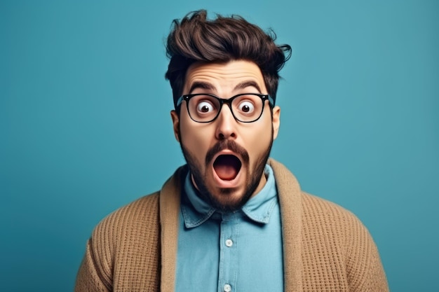 Jovem bonito com barba vestindo suéter casual e óculos sobre fundo azul com medo e chocado com surpresa e expressão espantada medo e rosto animado