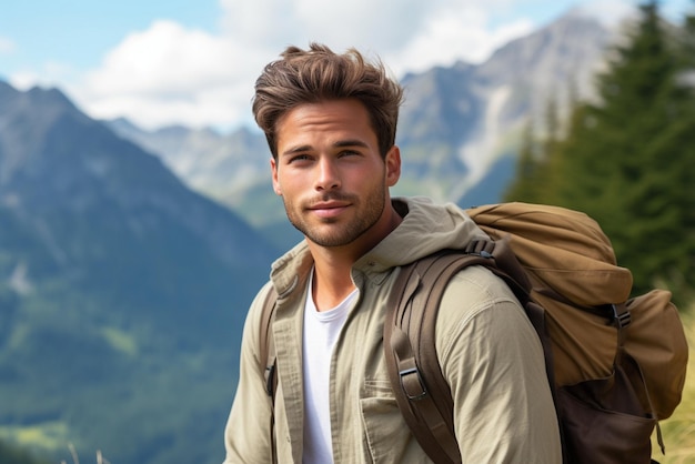 Jovem bonito com mochila no fundo das montanhas