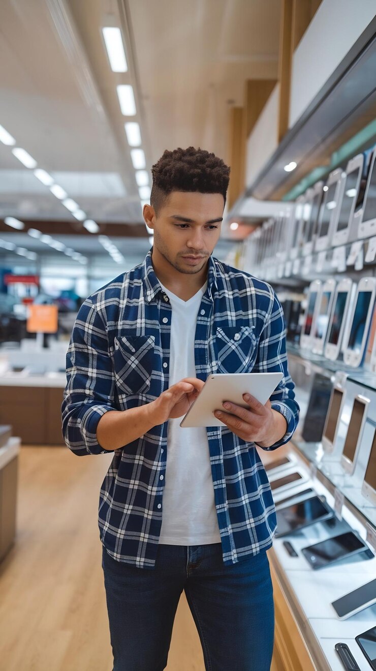 Foto jovem bonito comprando um tablet em uma loja de eletrônicos