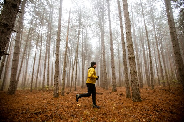 Jovem bonito correndo na floresta de outono e se exercitando para a maratona de corrida em trilha