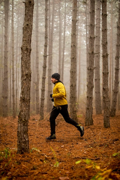 Jovem bonito correndo na floresta de outono e se exercitando para a maratona de corrida em trilha