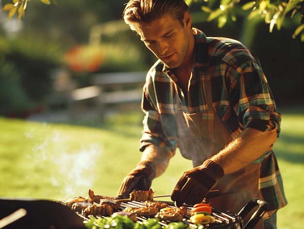 Jovem bonito cozinhando churrasco ao ar livre em um dia de verão ensolarado