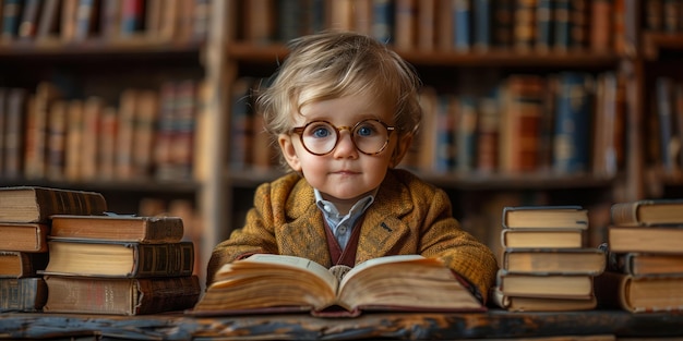 Jovem bonito de óculos lendo livros cercado por pilhas de livros na biblioteca Conceito de educação na primeira infância amor pela leitura e desenvolvimento intelectual