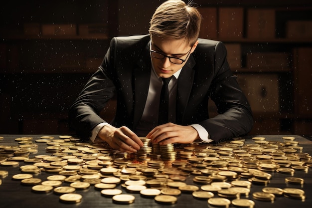 Foto jovem bonito de terno e óculos contando moedas de ouro homem colocando moedas de ouro em um quadro representando múltiplos fluxos de renda ai gerado