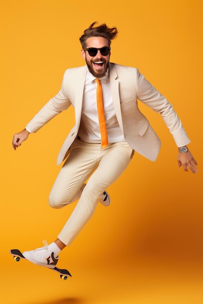 Jovem bonito e engraçado com óculos, cabelo castanho e barba, vestindo terno cinza claro e tênis pulando com o skate no fundo do estúdio colorido