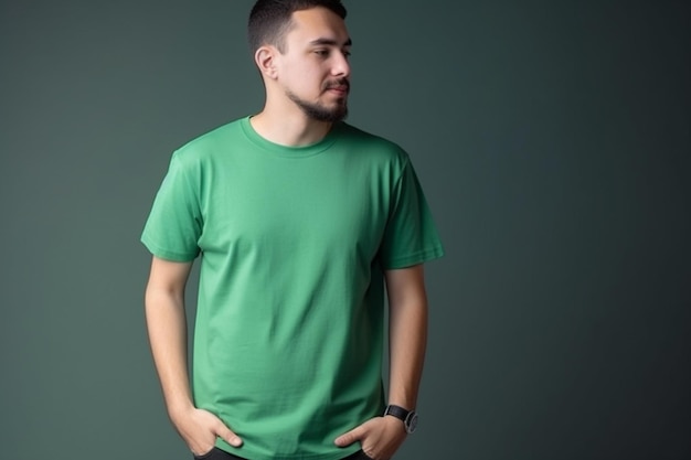 Jovem bonito em camiseta verde em fundo cinza