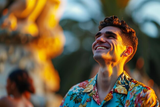 Jovem bonito em traje tradicional tailandês sorrindo para a câmera enquanto está de pé na frente do