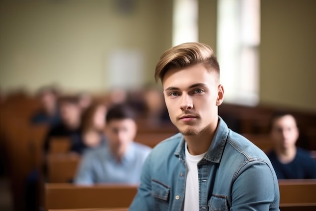 Jovem bonito em uma sala de aula no campus criada com IA generativa