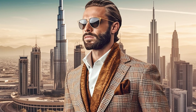 Jovem bonito homem de sucesso vestindo terno de luxo gravata óculos de sol posando com Dubai