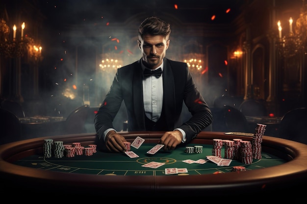 Jovem bonito jogando pôquer no cassino conceito de cassino jogador do cassino é distribuído um vinte e um no blackjack AI gerado