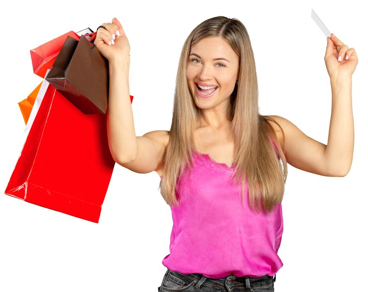 Foto jovem, bonito, mulher, com, bolsas para compras