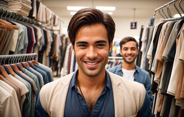 Foto jovem bonito olhando para a câmera e sorrindo enquanto estava de pé na loja de roupas