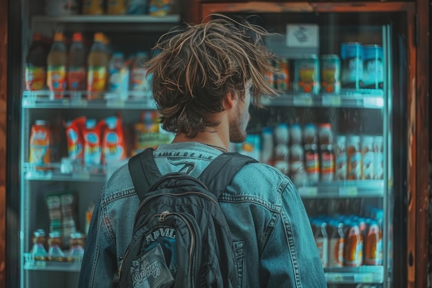 Jovem bonito pessoa decidindo sobre mercearia escolhendo comida em loja de conveniência refeição orgânica saudável