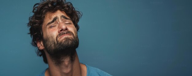 Jovem bonito que está triste e chorando em um fundo azul