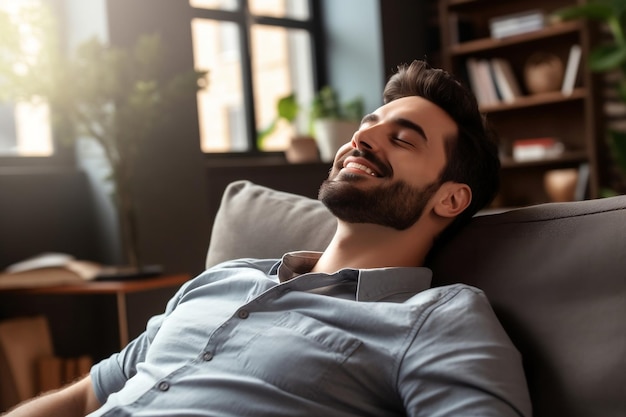 Foto jovem bonito relaxado no sofá satisfação generativa ai