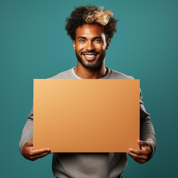 Jovem bonito segurando uma folha de papel em branco