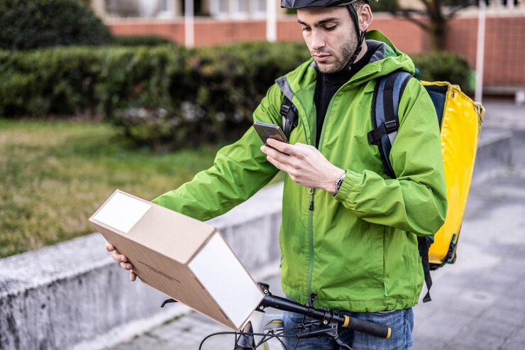 Foto jovem bonito usando bicylce para entregar documentos de caixas e comida em casa mensageiro masculino usando tecnologia de dispositivos inteligentes para encontrar endereço e enviar relatório de trabalho