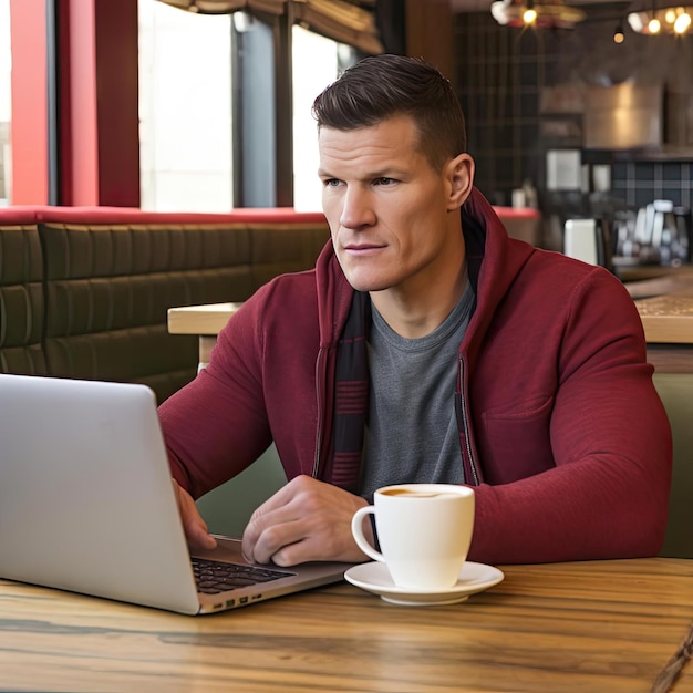 Jovem bonito usando laptop e tomando café em um café