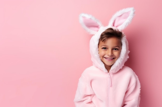 Jovem bonito vestido como um coelho para o Halloween em uma bandeira rosa com espaço para cópia