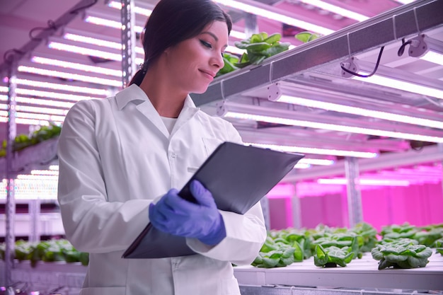 Jovem botânica feminina examinando plantas crescendo em estufa sob lâmpadas uv