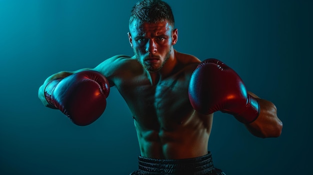 Jovem boxeador musculoso com luvas vermelhas pronto para lutar no ringue em fundo de néon azul