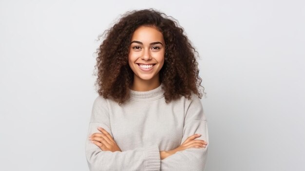 Jovem brasileira cruza os braços isolado fundo olhando para o lado e sorrindo