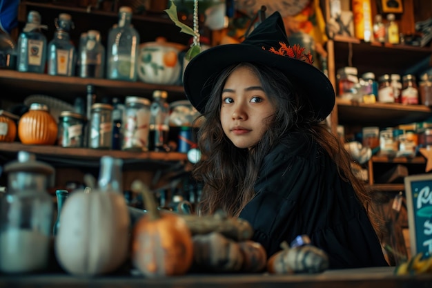 Foto jovem bruxa numa farmácia mágica