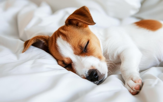 Jovem cachorrinho castanho e branco dormindo pacificamente em um cobertor branco macio