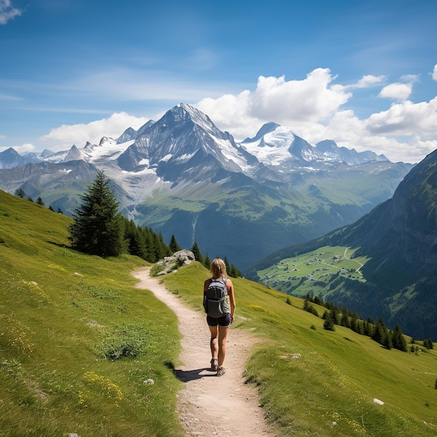 Jovem caminhando nos Alpes Suíços em um lindo dia de verão