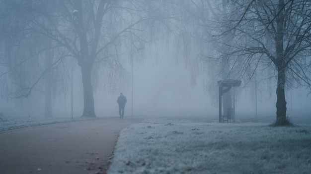 Jovem caminhando pelo parque da cidade em uma manhã nublada e fria de outono Homem sozinho andando no nevoeiro